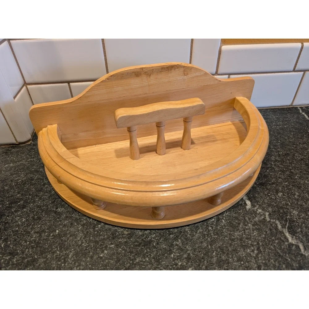 Vintage Wooden Semi Circle Napkin Holder Spindle Railing Light Wood Farmhouse